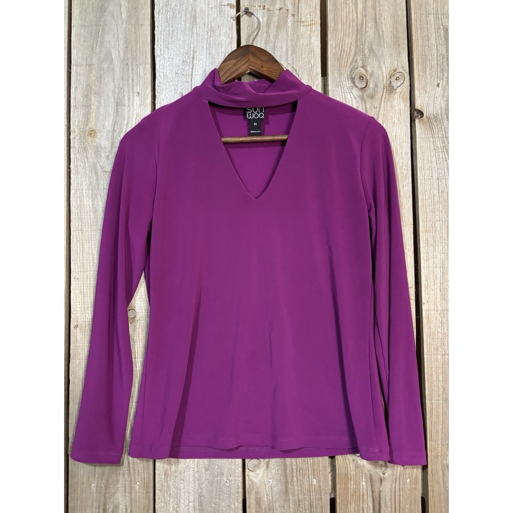 Clara Sun Woo Purple Stretch Mock‎ Neck V-Neck Top XS